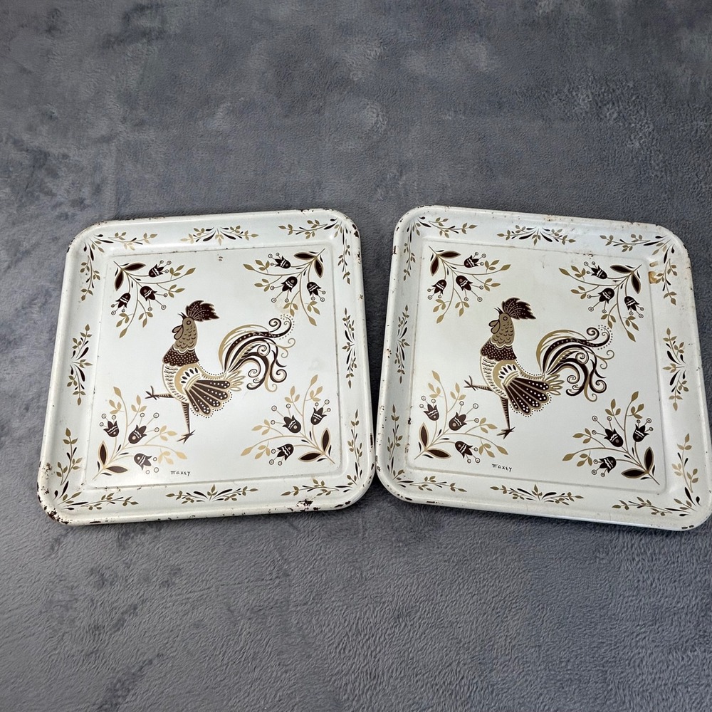 Vintage Maxey Rooster Metal Serving Trays Set‎ of 2 Mid Century Folk Art Cream